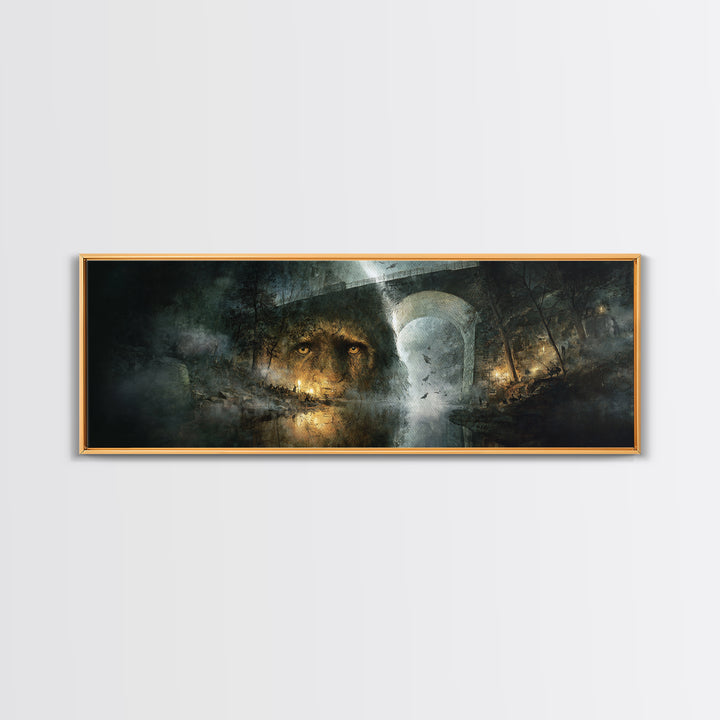 The Bridge Troll At Midnight, Visionary Gothic Art, Extra Wide Wall Art, Dark Halloween Decor, Framed Canvas Print, Halloween Wall Art