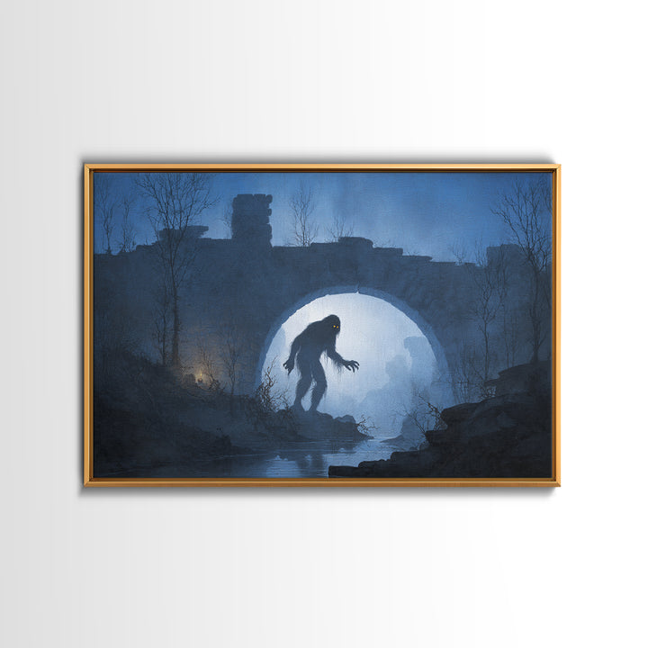 The Bridge Troll At Midnight, Romantic Gothic Landscape, Landscape Wall Art, Macabre Wall Art, Canvas Print, Halloween Wall Art