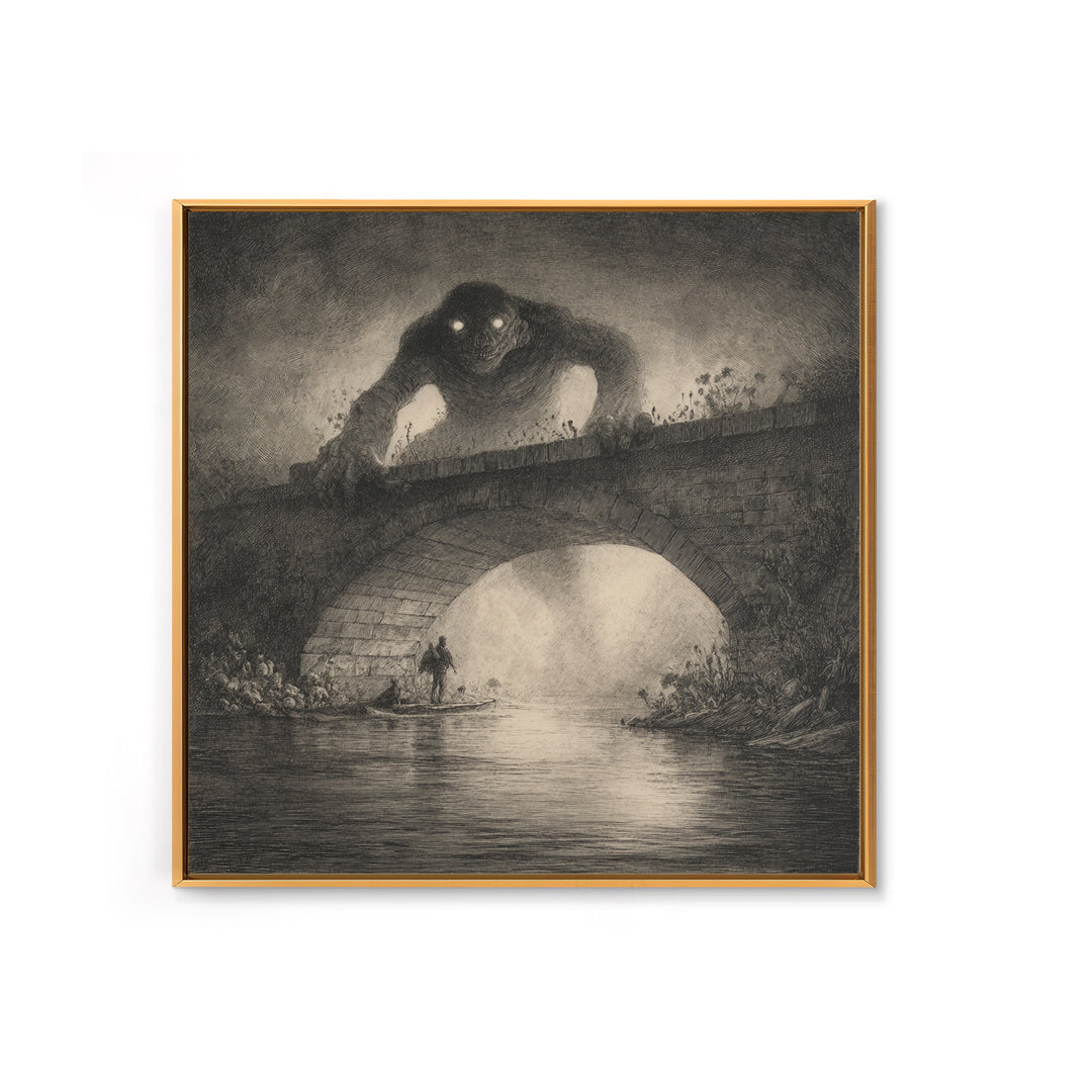 The Bridge Troll At Midnight, Symbolist Dream Art, Square Wall Art, Gothic Horror Wall Art, Framed Canvas Print, Halloween Wall Art