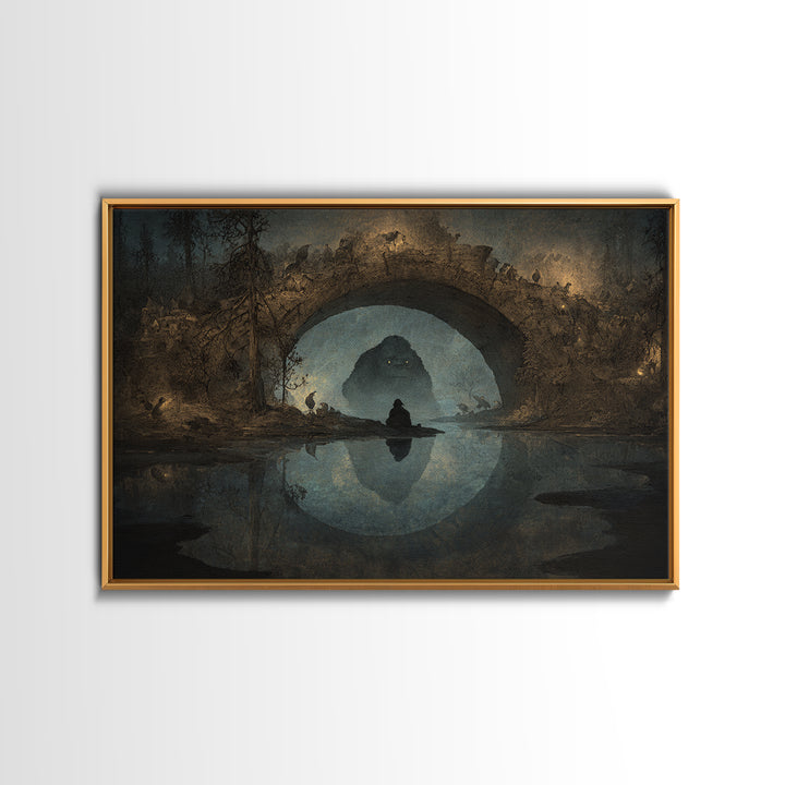 The Bridge Troll At Midnight, Symbolist Gothic Landscape, Landscape Wall Art, Dark Halloween Decor, Canvas Print, Halloween Wall Art