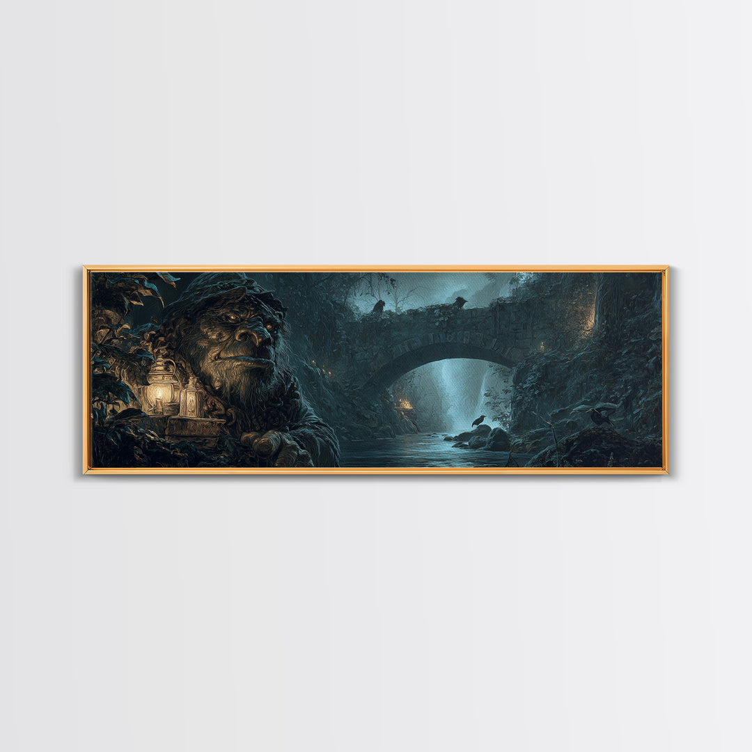 The Bridge Troll At Midnight, Ornate Symbolist Art, Extra Wide Wall Art, Dark Halloween Decor, Framed Canvas Print