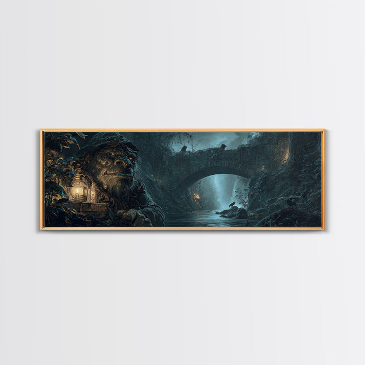 The Bridge Troll At Midnight, Ornate Symbolist Art, Extra Wide Wall Art, Dark Halloween Decor, Framed Canvas Print