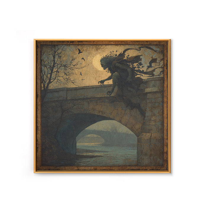The Bridge Troll At Midnight, Dark Symbolist Art, Square Wall Art, Dark Fantasy Wall Art, Framed Canvas Print, Halloween Wall Art