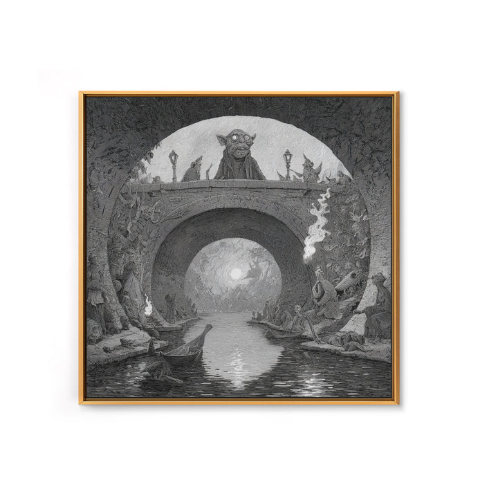 The Bridge Troll At Midnight, Expressionist Nightmare Art, Square Wall Art, Macabre Wall Art, Framed Canvas Print, Halloween Wall Art