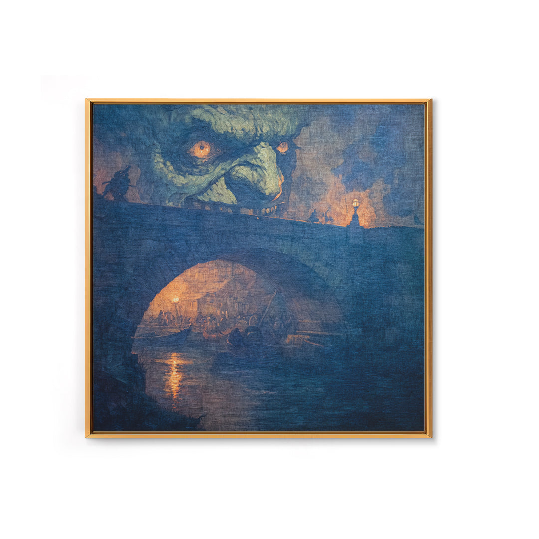 The Bridge Troll At Midnight, Grotesque Carnival Art, Square Wall Art, Dark Halloween Decor, Framed Canvas Print, Halloween Wall Art