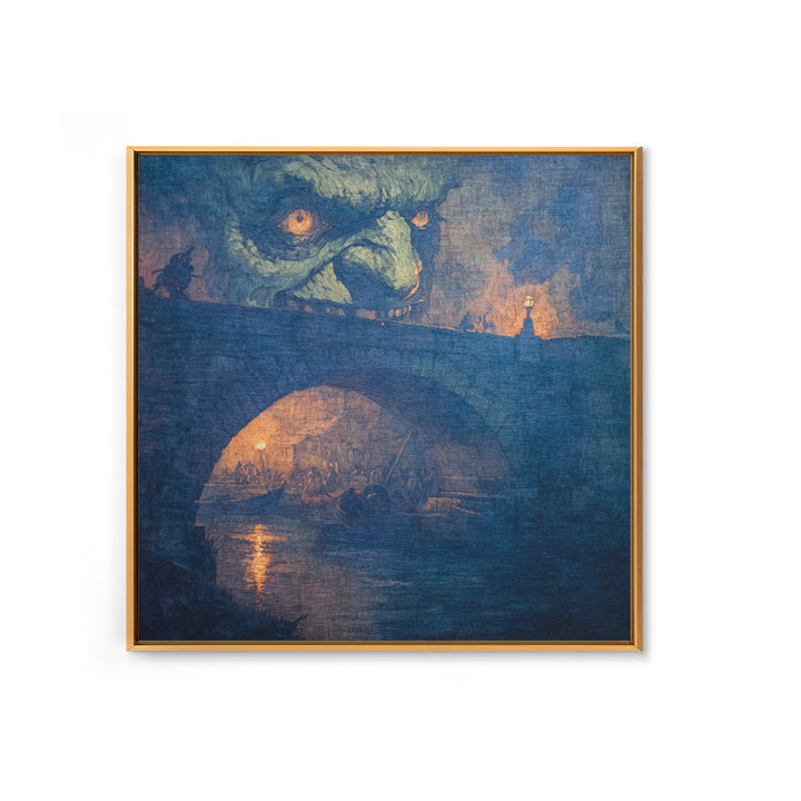 The Bridge Troll At Midnight, Grotesque Carnival Art, Square Wall Art, Dark Halloween Decor, Framed Canvas Print, Halloween Wall Art