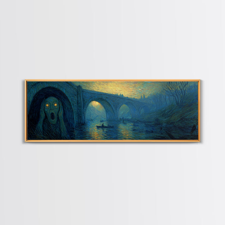 The Bridge Troll At Midnight, Expressionist Gothic Art, Extra Wide Wall Art, Gothic Horror Wall Art, Framed Canvas Print, Spooky Wall Decor