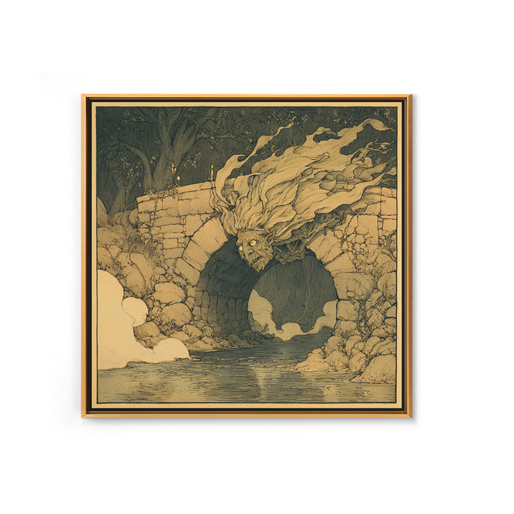 The Bridge Troll At Midnight, Gothic Storybook Art, Square Wall Art, Macabre Wall Art, Framed Canvas Print, Halloween Wall Art