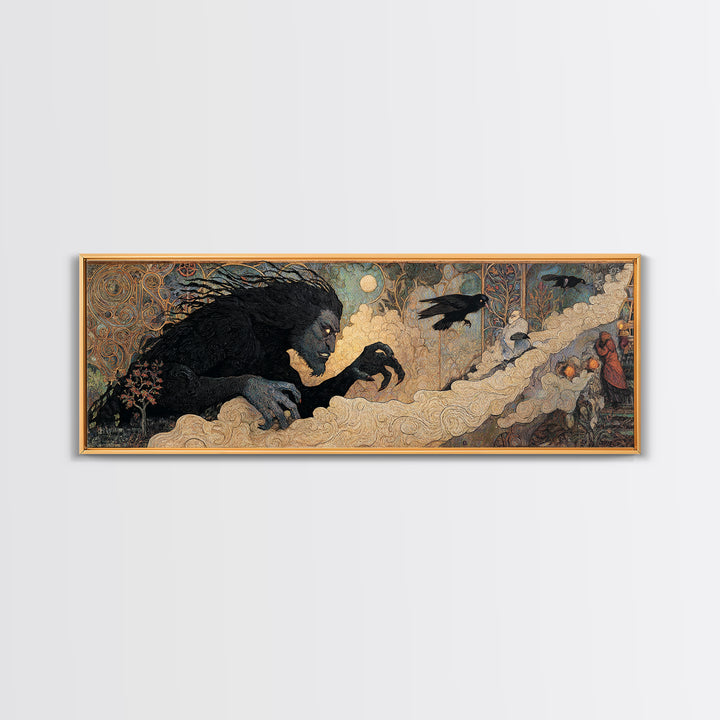The Bridge Troll At Midnight, Stained Glass Gothic Art, Extra Wide Wall Art, Macabre Wall Art, Canvas Print, Halloween Wall Art