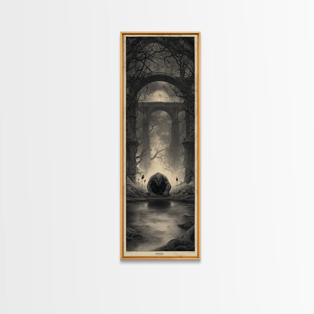 The Bridge Troll At Midnight, Surreal Apocalyptic Art, Tall Narrow Wall Art, Gothic Horror Wall Art, Canvas Print