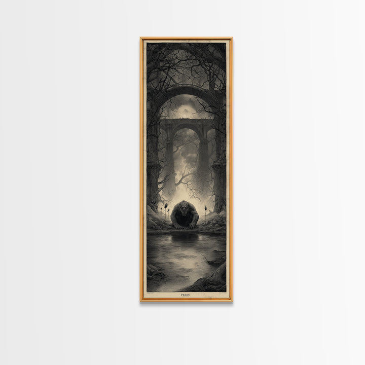 The Bridge Troll At Midnight, Surreal Apocalyptic Art, Tall Narrow Wall Art, Gothic Horror Wall Art, Canvas Print