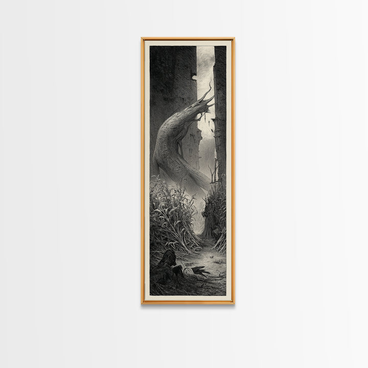 The Cornfield Crawler, Gothic Engraving Art, Tall Narrow Wall Art, Dark Halloween Decor, Canvas Print, Halloween Wall Art