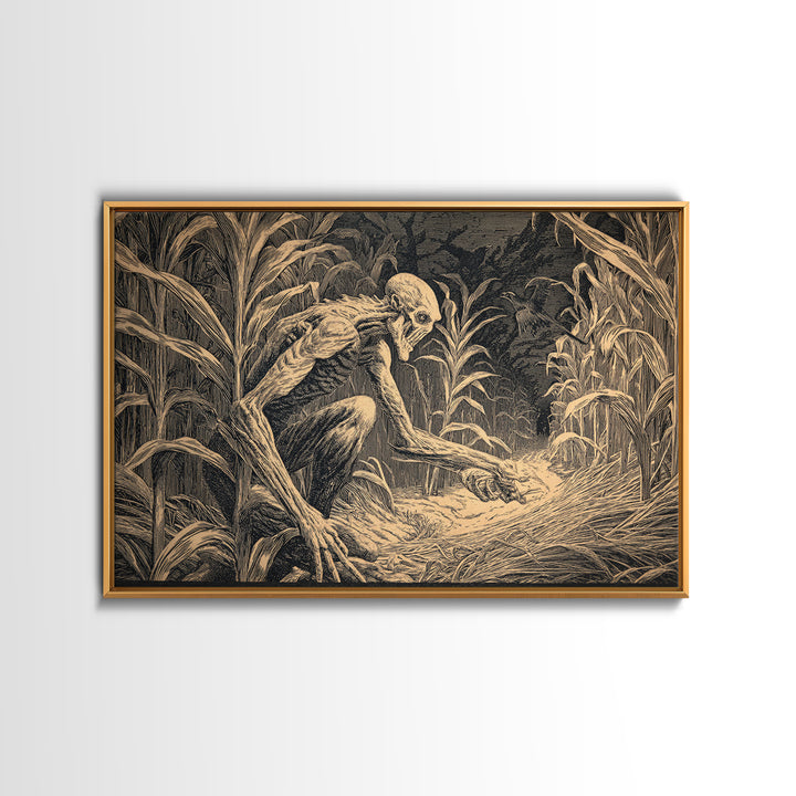 The Cornfield Crawler, Architectural Etching Art, Landscape Wall Art, Dark Fantasy Wall Art, Framed Canvas Print