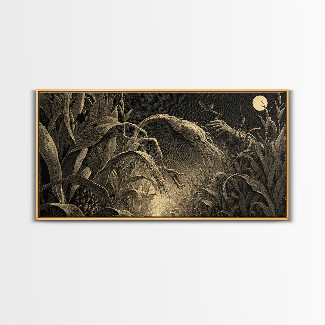 The Cornfield Crawler, Expressionist Nightmare Art, Wide Panoramic Art, Dark Fantasy Wall Art, Canvas Print, Halloween Wall Art