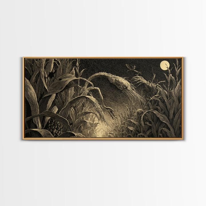 The Cornfield Crawler, Expressionist Nightmare Art, Wide Panoramic Art, Dark Fantasy Wall Art, Canvas Print, Halloween Wall Art