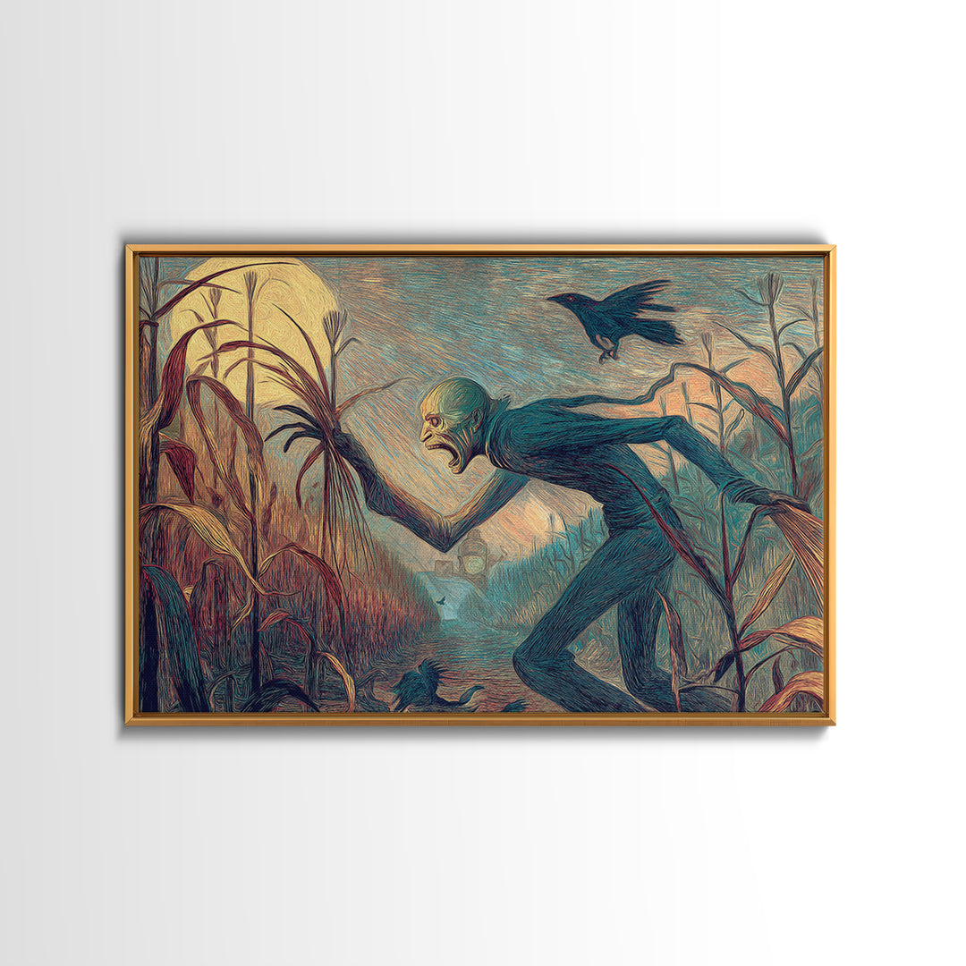The Cornfield Crawler, Expressionist Gothic Art, Landscape Wall Art, Gothic Horror Wall Art, Framed Canvas Print, Halloween Wall Art