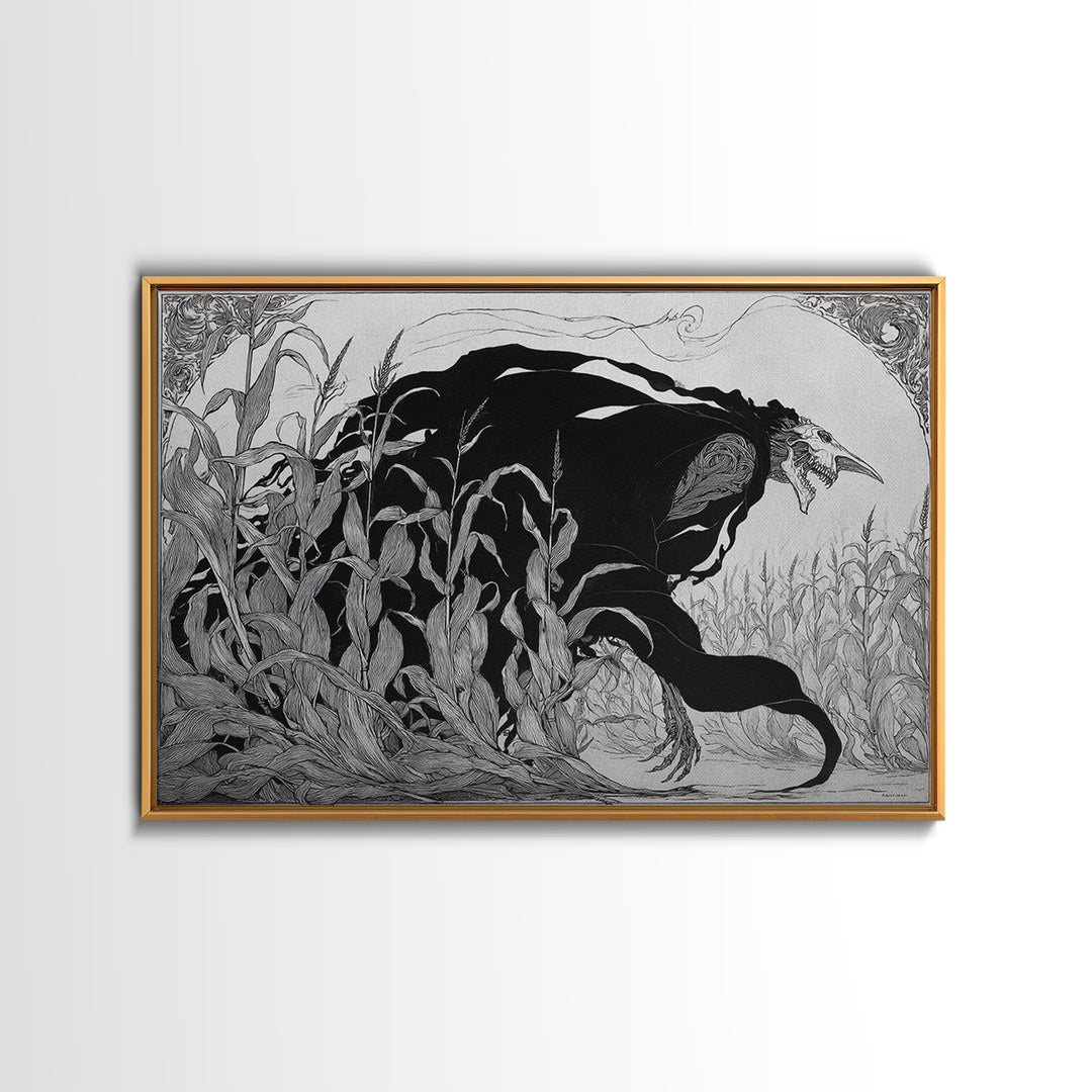The Cornfield Crawler, Decadent Line Art, Landscape Wall Art, Dark Halloween Decor, Canvas Print, Halloween Wall Art