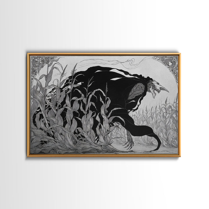 The Cornfield Crawler, Decadent Line Art, Landscape Wall Art, Dark Halloween Decor, Canvas Print, Halloween Wall Art