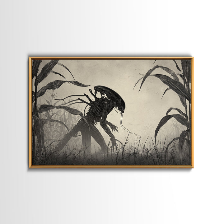 The Cornfield Crawler, Biomechanical Horror Art, Landscape Wall Art, Macabre Wall Art, Canvas Print, Halloween Wall Art, Spooky Wall Decor
