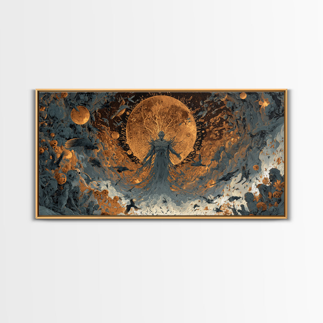 The Harvest Demon, Apocalyptic Romantic Art, Wide Panoramic Art, Macabre Wall Art, Framed Canvas Print, Halloween Wall Art