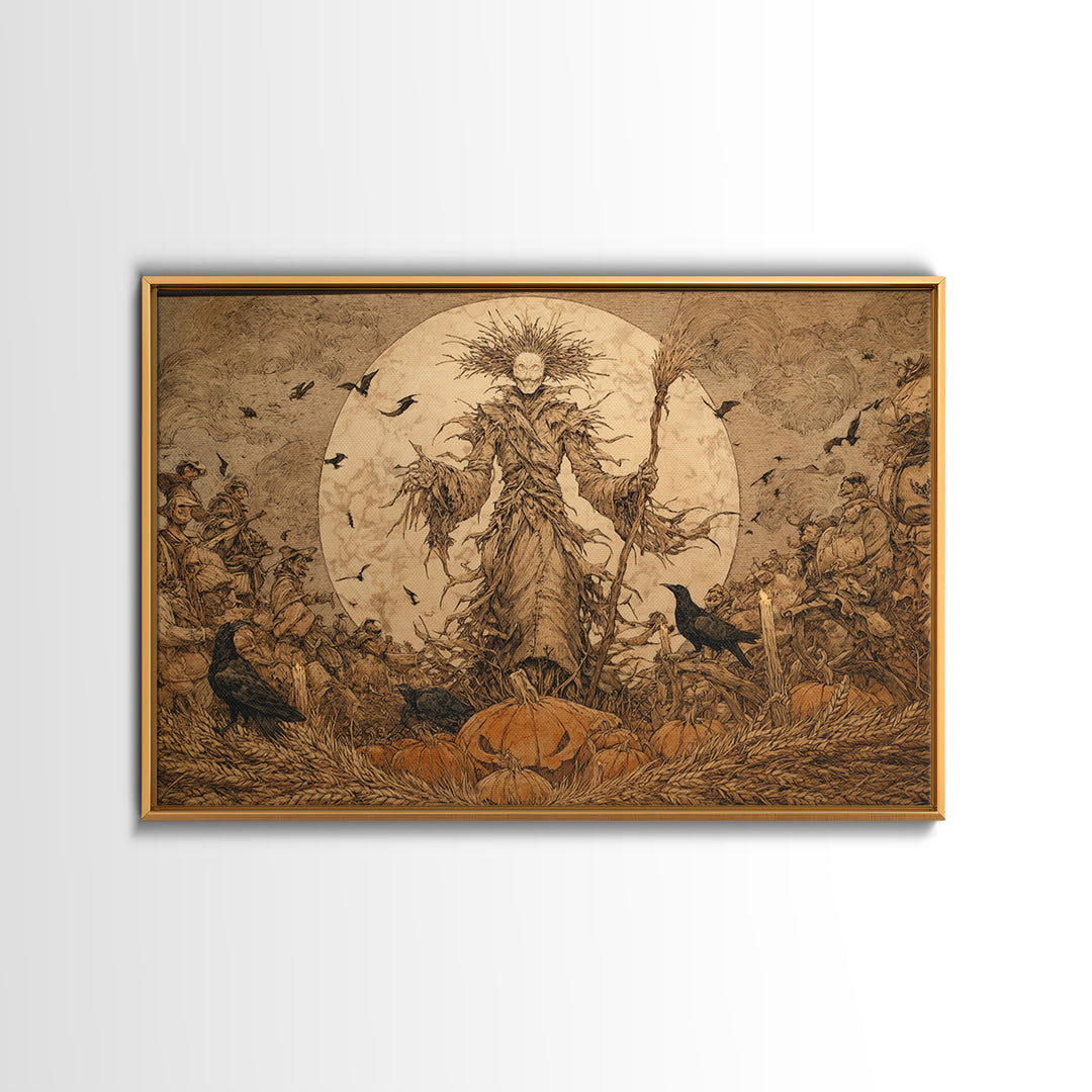 The Harvest Demon, Gothic Storybook Art, Landscape Wall Art, Dark Halloween Decor, Framed Canvas Print, Halloween Wall Art