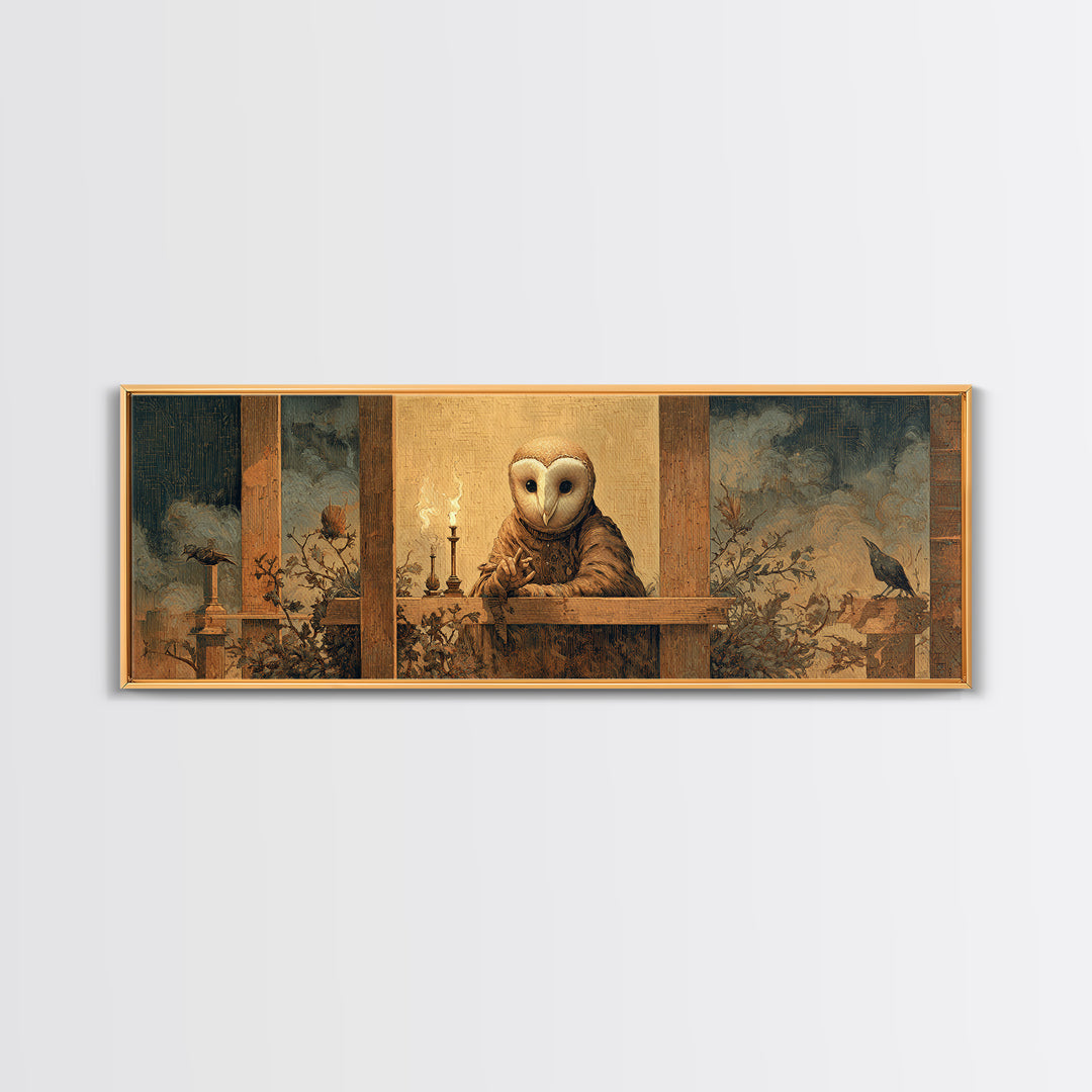 The Owl-Faced Omen, Medieval Grotesque Art, Extra Wide Wall Art, Dark Halloween Decor, Canvas Print, Halloween Wall Art