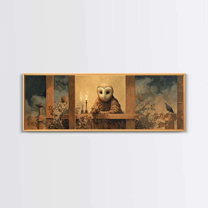 The Owl-Faced Omen, Medieval Grotesque Art, Extra Wide Wall Art, Dark Halloween Decor, Canvas Print, Halloween Wall Art