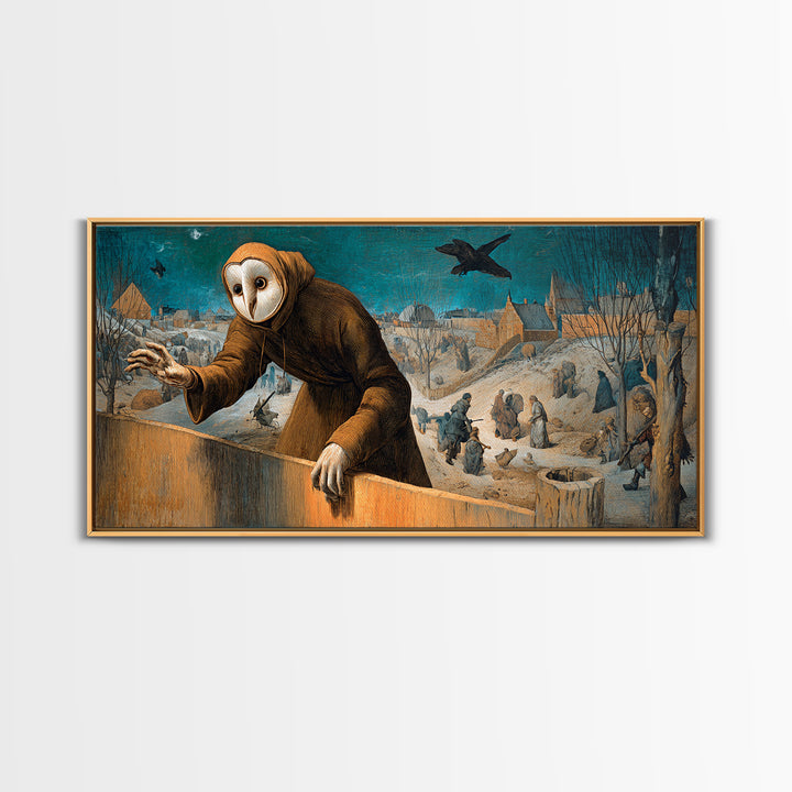 The Owl-Faced Omen, Northern Renaissance Horror, Wide Panoramic Art, Dark Halloween Decor, Canvas Print, Halloween Wall Art
