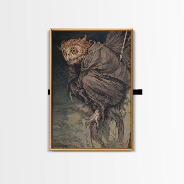 The Owl-Faced Omen, Dark Renaissance Art, Vertical Wall Art, Dark Halloween Decor, Framed Canvas Print, Halloween Wall Art