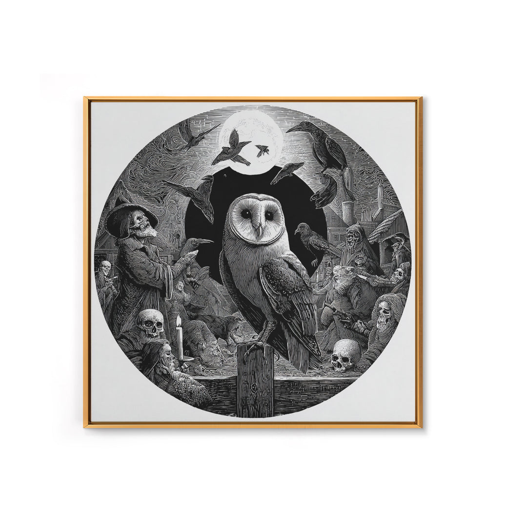 The Owl-Faced Omen, Danse Macabre Art, Square Wall Art, Macabre Wall Art, Framed Canvas Print, Halloween Wall Art