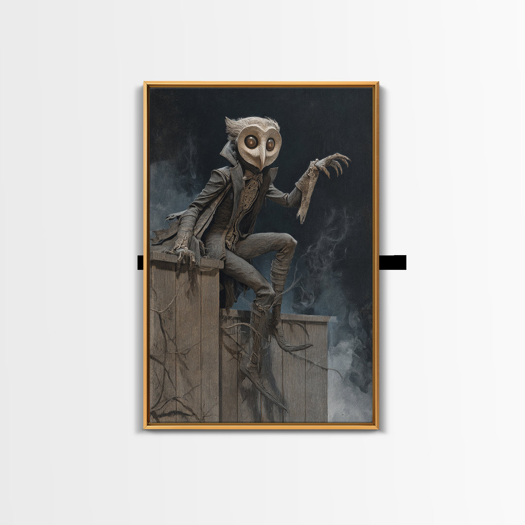 The Owl-Faced Omen, Gothic Nightmare Art, Vertical Wall Art, Dark Halloween Decor, Framed Canvas Print, Halloween Wall Art