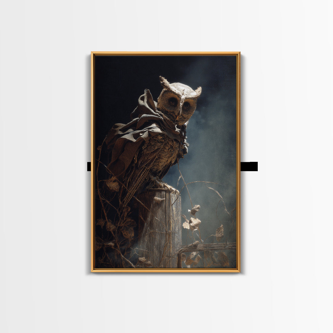 The Owl-Faced Omen, Ornate Symbolist Art, Vertical Wall Art, Macabre Wall Art, Canvas Print, Halloween Wall Art, Horror Wall Art
