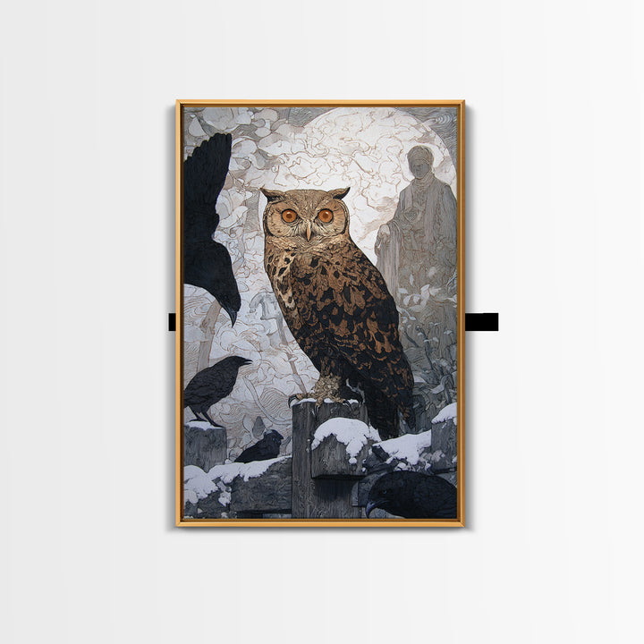 The Owl-Faced Omen, Symbolist Death Art, Vertical Wall Art, Dark Halloween Decor, Canvas Print, Halloween Wall Art