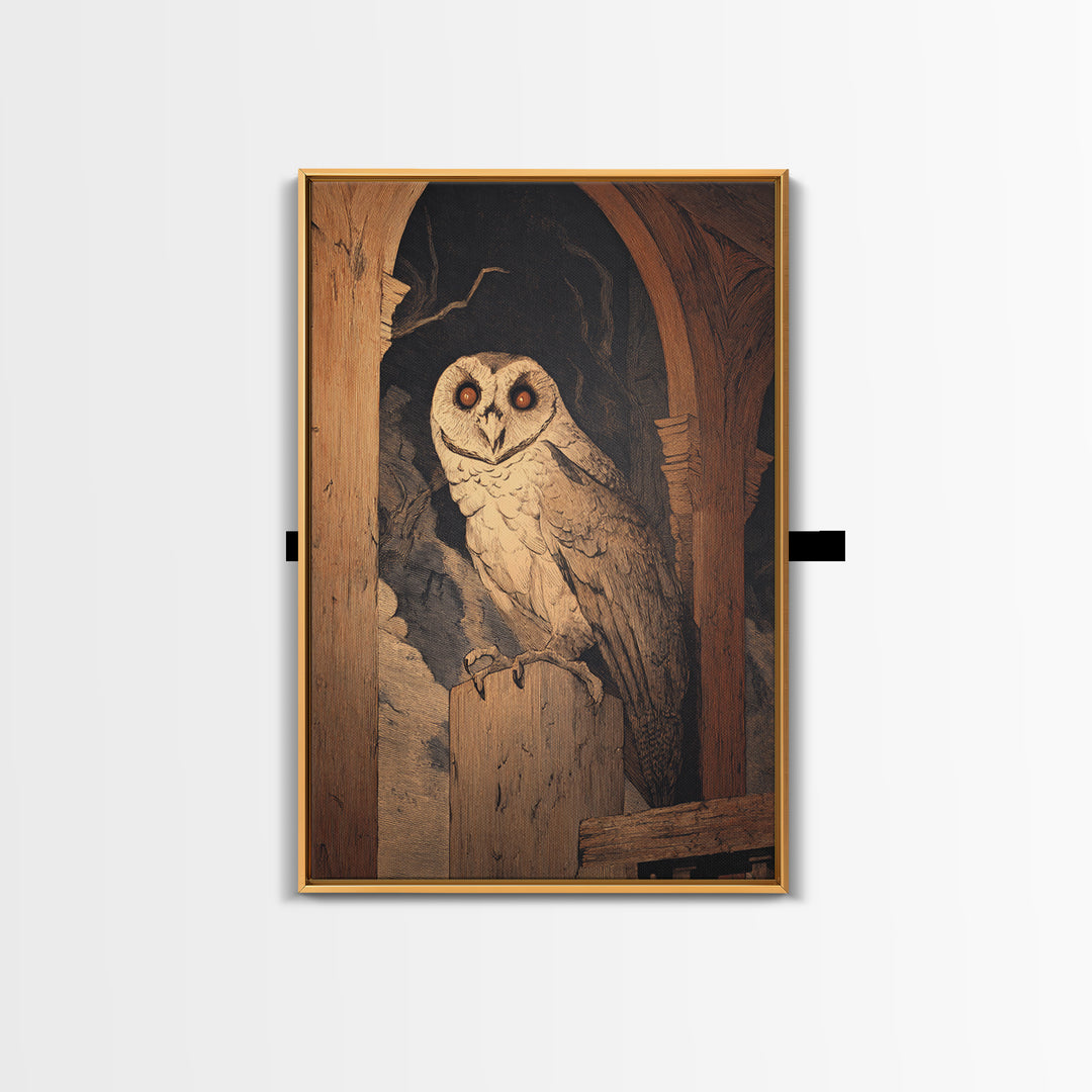 The Owl-Faced Omen, Symbolist Etching Art, Vertical Wall Art, Gothic Horror Wall Art, Canvas Print, Halloween Wall Art, Gothic Home Decor