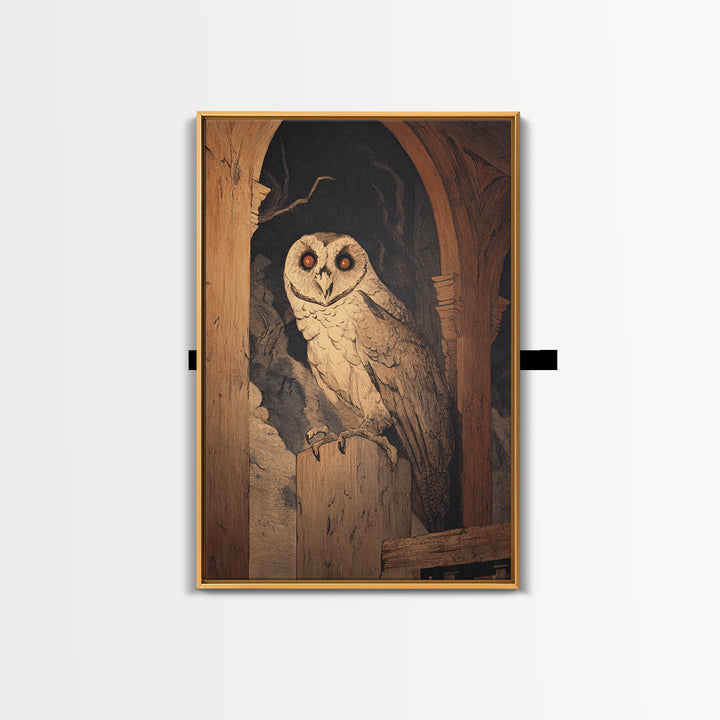 The Owl-Faced Omen, Symbolist Etching Art, Vertical Wall Art, Gothic Horror Wall Art, Canvas Print, Halloween Wall Art, Gothic Home Decor