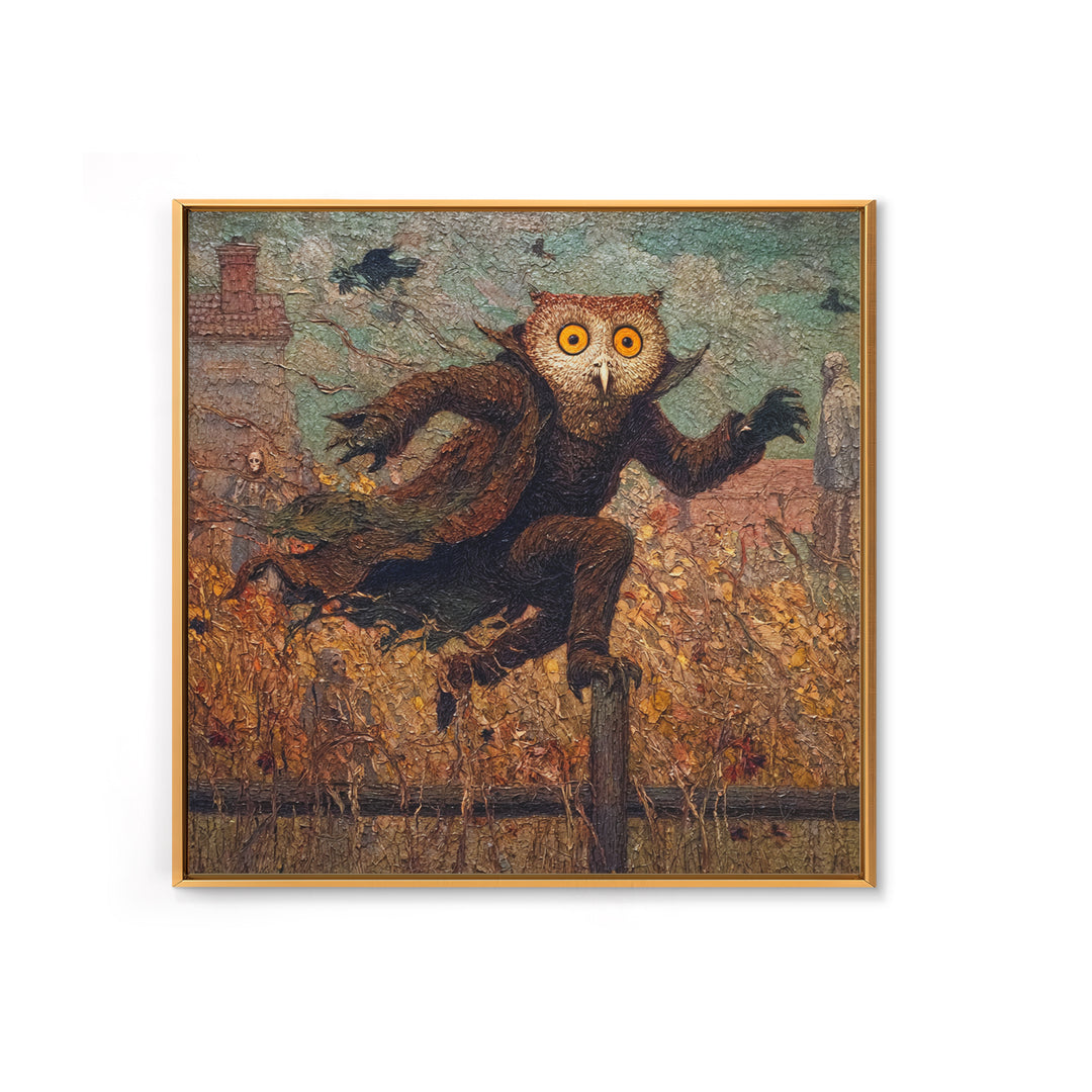 The Owl-Faced Omen, Grotesque Carnival Art, Square Wall Art, Macabre Wall Art, Framed Canvas Print, Halloween Wall Art, Spooky Wall Decor