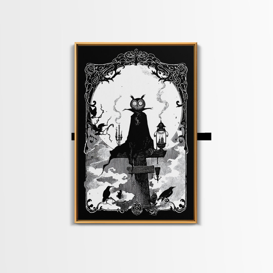 The Owl-Faced Omen, Decadent Line Art, Vertical Wall Art, Gothic Horror Wall Art, Canvas Print, Halloween Wall Art