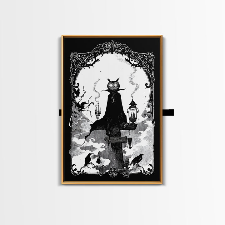 The Owl-Faced Omen, Decadent Line Art, Vertical Wall Art, Gothic Horror Wall Art, Canvas Print, Halloween Wall Art