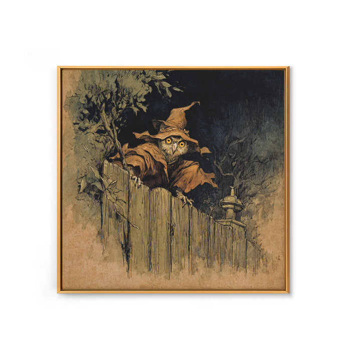 The Owl-Faced Omen, Gothic Storybook Art, Square Wall Art, Dark Halloween Decor, Framed Canvas Print, Halloween Wall Art
