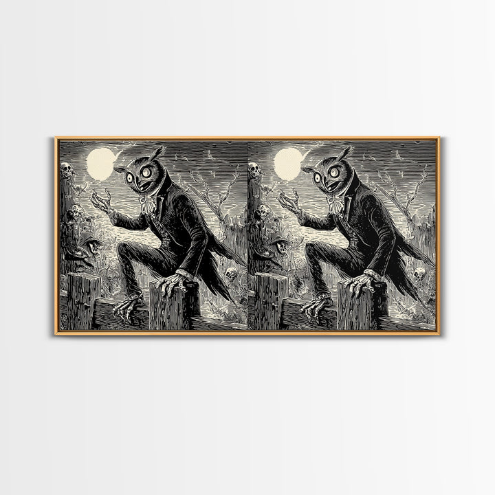 The Owl-Faced Omen, Macabre Folk Print Art, Wide Panoramic Art, Gothic Horror Wall Art, Canvas Print, Halloween Wall Art