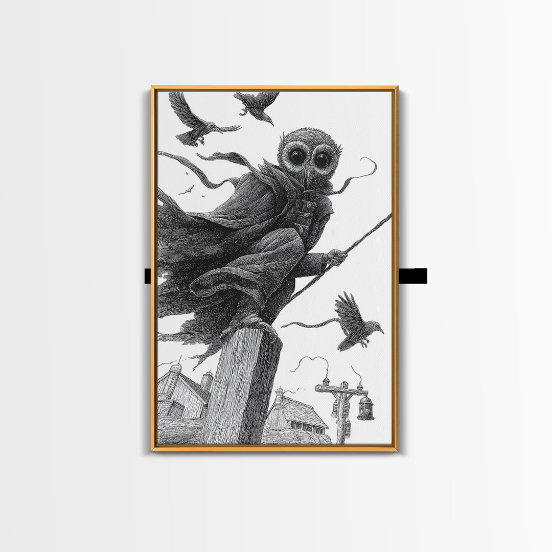 The Owl-Faced Omen, Victorian Macabre Art, Vertical Wall Art, Dark Halloween Decor, Framed Canvas Print, Halloween Wall Art