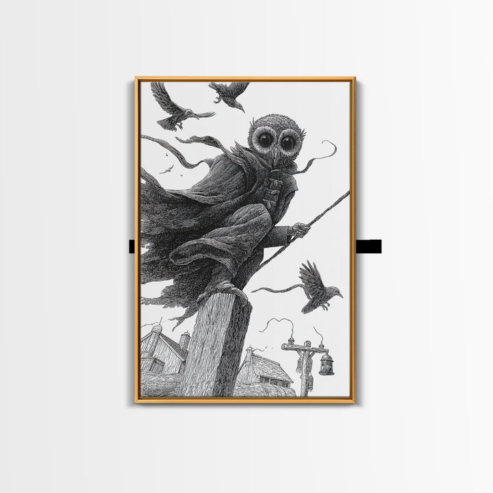 The Owl-Faced Omen, Victorian Macabre Art, Vertical Wall Art, Dark Halloween Decor, Framed Canvas Print, Halloween Wall Art