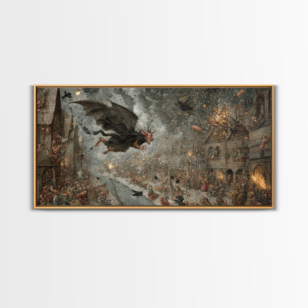 The Bat-Winged Imp, Northern Renaissance Horror, Wide Panoramic Art, Macabre Wall Art, Framed Canvas Print, Halloween Wall Art