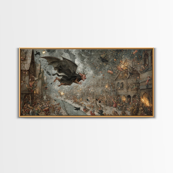 The Bat-Winged Imp, Northern Renaissance Horror, Wide Panoramic Art, Macabre Wall Art, Framed Canvas Print, Halloween Wall Art