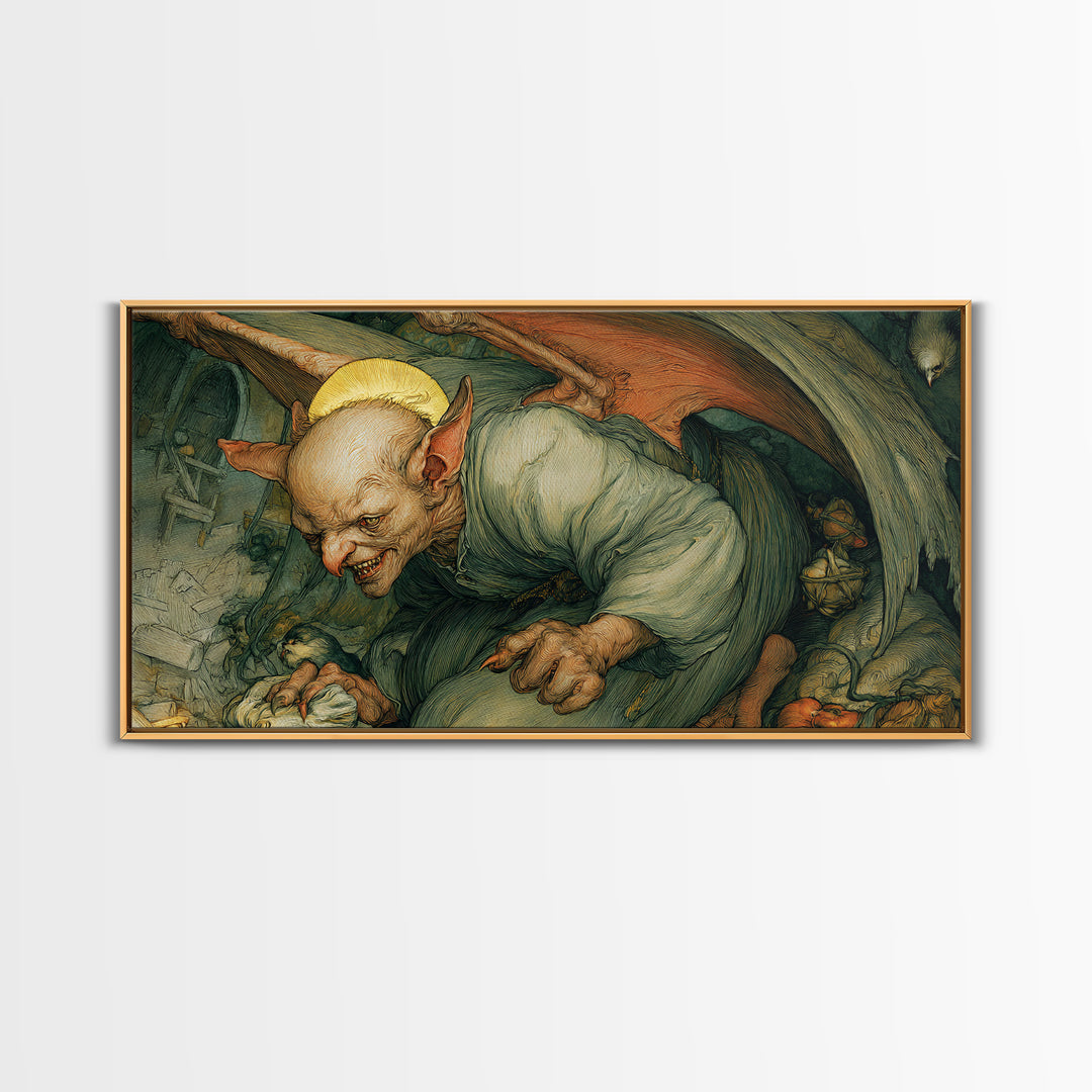 The Bat-Winged Imp, Dark Renaissance Art, Wide Panoramic Art, Macabre Wall Art, Canvas Print, Halloween Wall Art