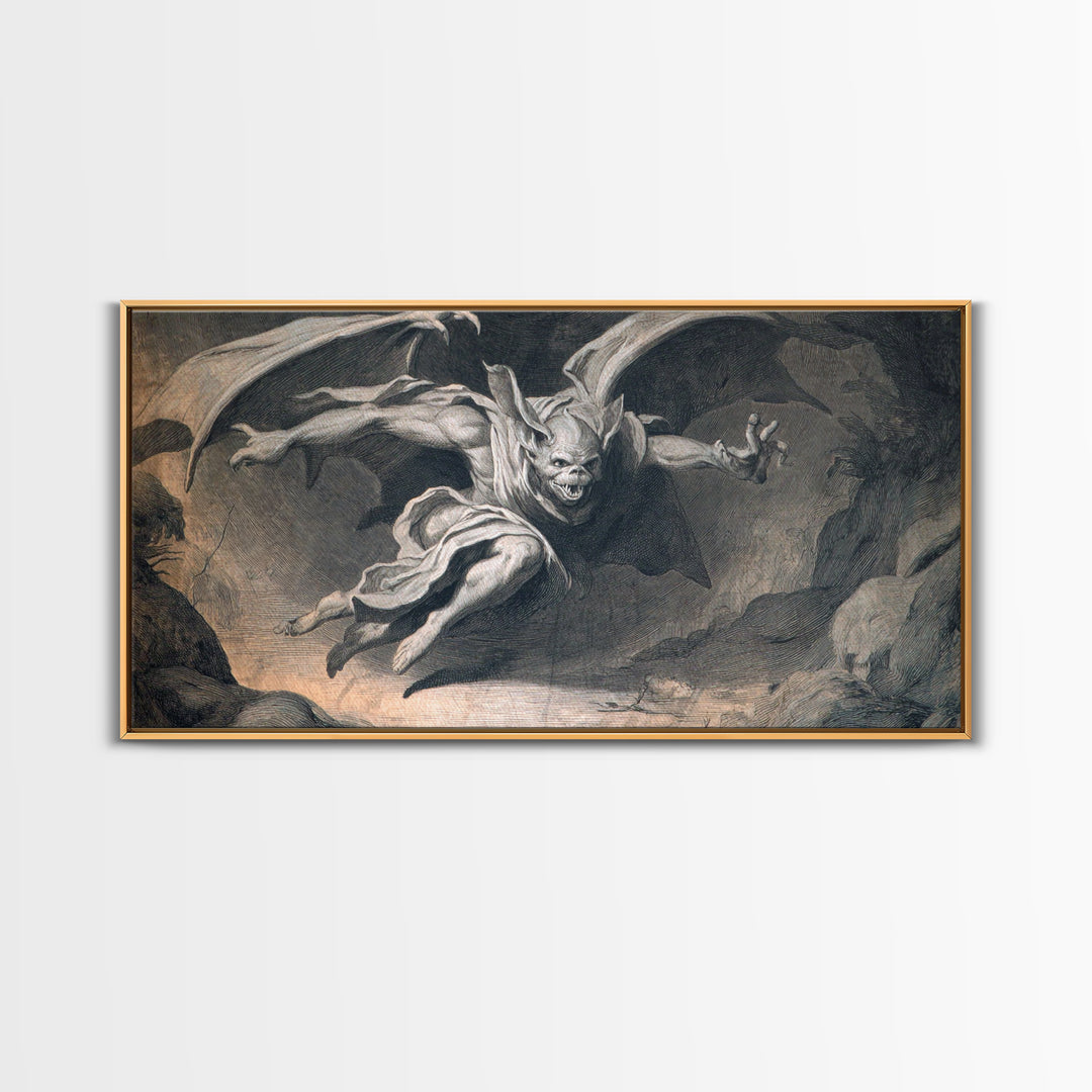 The Bat-Winged Imp, Gothic Nightmare Art, Wide Panoramic Art, Macabre Wall Art, Framed Canvas Print, Halloween Wall Art