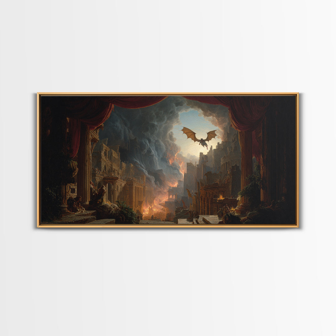 The Bat-Winged Imp, Apocalyptic Romantic Art, Wide Panoramic Art, Gothic Horror Wall Art, Framed Canvas Print, Halloween Wall Art