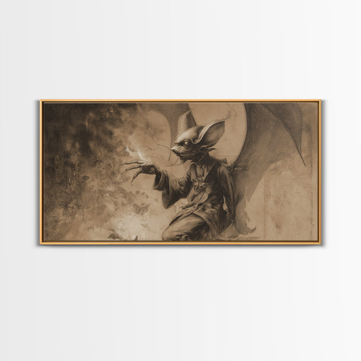 The Bat-Winged Imp, Symbolist Dream Art, Wide Panoramic Art, Dark Halloween Decor, Canvas Print, Halloween Wall Art