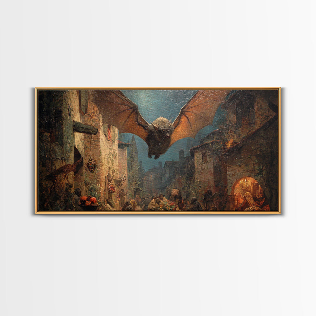 The Bat-Winged Imp, Ornate Symbolist Art, Wide Panoramic Art, Macabre Wall Art, Framed Canvas Print, Halloween Wall Art