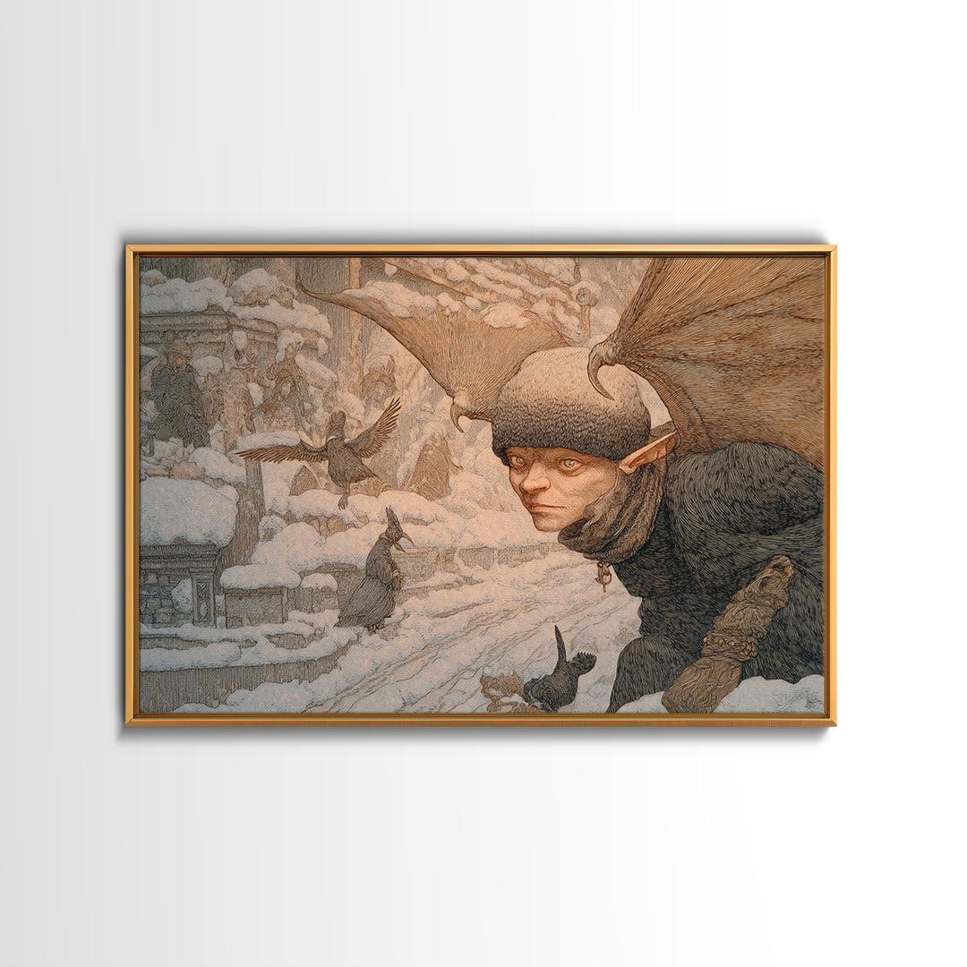 The Bat-Winged Imp, Symbolist Death Art, Landscape Wall Art, Dark Halloween Decor, Framed Canvas Print, Halloween Wall Art